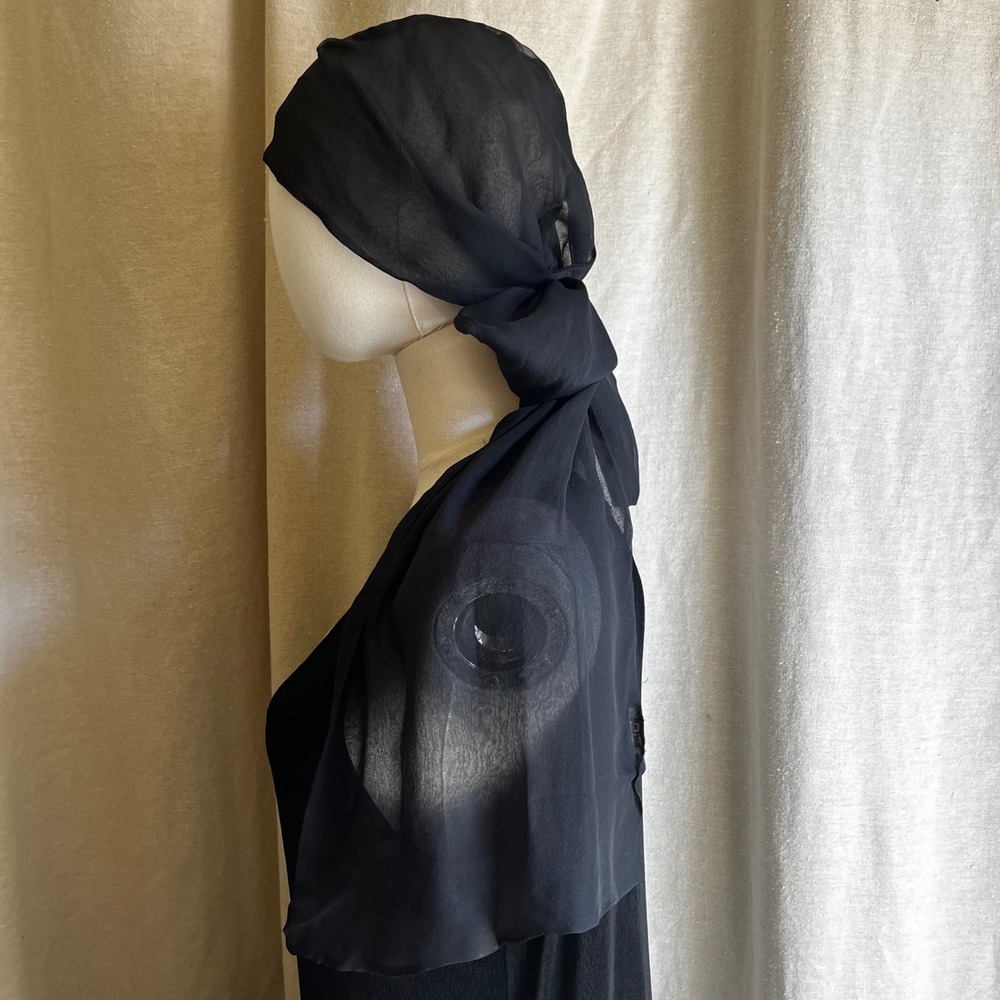 Vintage Vera Black Silk Chiffon Head Scarf Made in Japan Sheer